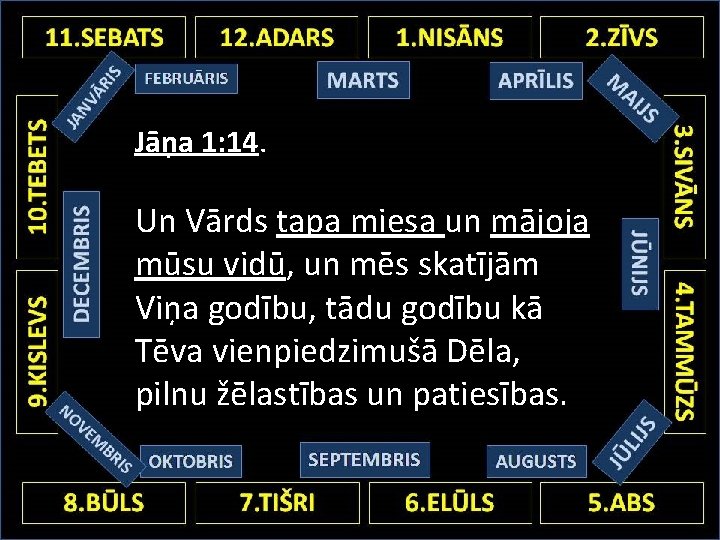 Jāņa 1: 14. Un Vārds tapa miesa un mājoja mūsu vidū, un mēs skatījām