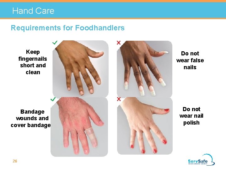 Hand Care Requirements for Foodhandlers Keep fingernails short and clean Do not wear false