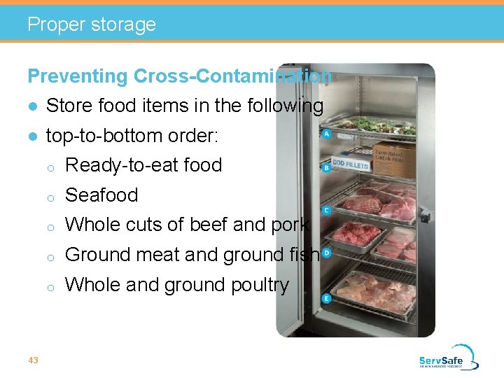 Proper storage Preventing Cross-Contamination l Store food items in the following l 43 top-to-bottom