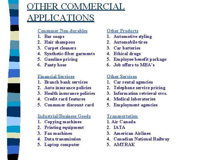 OTHER COMMERCIAL APPLICATIONS Consumer Non-durables 1. Bar soaps 2. Hair shampoos 3. Carpet cleaners