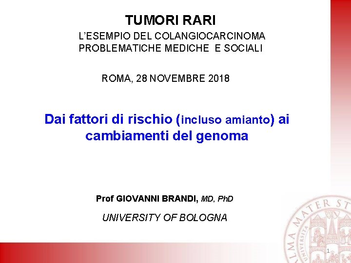 TUMORI RARI L’ESEMPIO DEL COLANGIOCARCINOMA PROBLEMATICHE MEDICHE E SOCIALI ROMA, 28 NOVEMBRE 2018 Dai