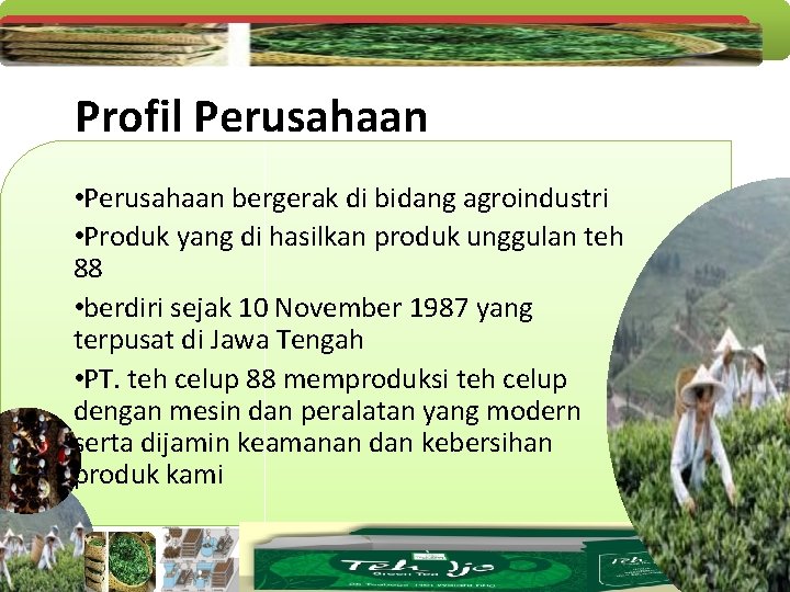 Profil Perusahaan • Perusahaan bergerak di bidang agroindustri • Produk yang di hasilkan produk