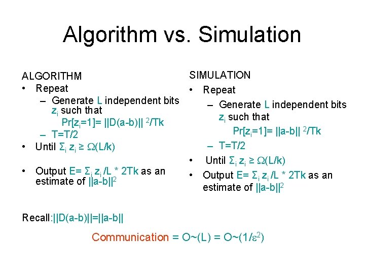 Algorithm vs. Simulation SIMULATION ALGORITHM • Repeat – Generate L independent bits zi such Algorithm vs. Simulation SIMULATION ALGORITHM • Repeat – Generate L independent bits zi such
