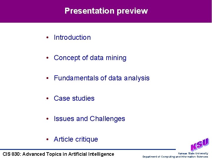 Presentation preview • Introduction • Concept of data mining • Fundamentals of data analysis