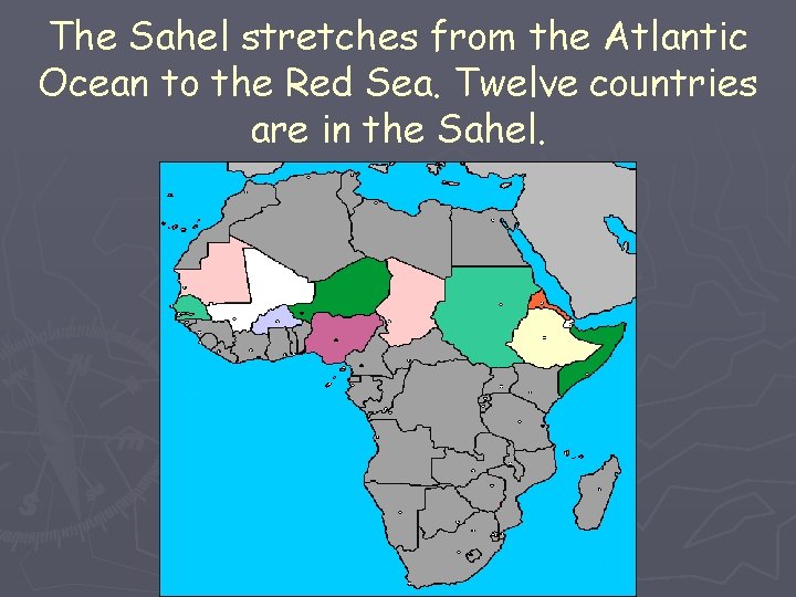 The Sahel stretches from the Atlantic Ocean to the Red Sea. Twelve countries are