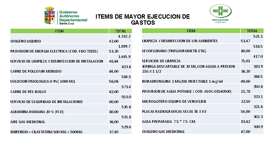 ITEMS DE MAYOR EJECUCION DE GASTOS ITEM OXIGENO LIQUIDO PROVISION DE ENERGIA ELECTRICA (COD.