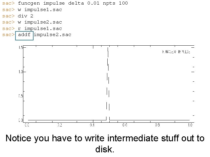 sac> sac> funcgen impulse delta 0. 01 npts 100 w impulse 1. sac div