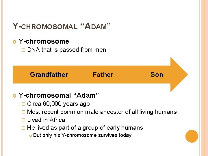 Y-CHROMOSOMAL “ADAM” Y-chromosome � DNA that is passed from men Grandfather Father Son Y-chromosomal