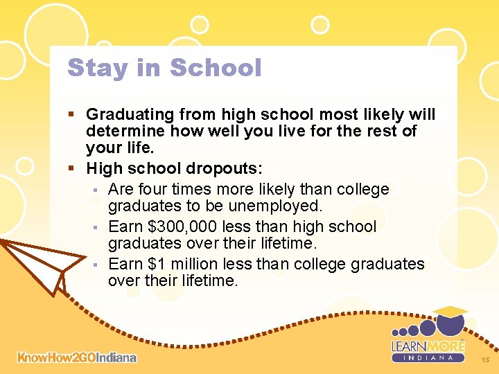 Stay in School § Graduating from high school most likely will determine how well Stay in School § Graduating from high school most likely will determine how well