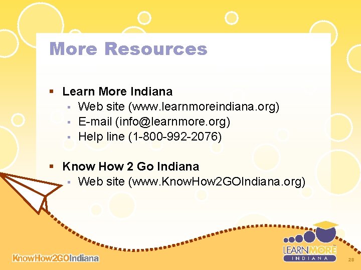 More Resources § Learn More Indiana § Web site (www. learnmoreindiana. org) § E-mail More Resources § Learn More Indiana § Web site (www. learnmoreindiana. org) § E-mail