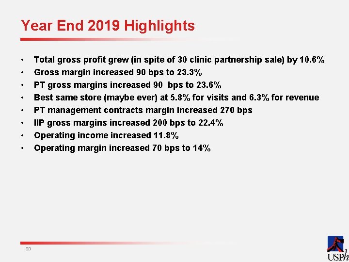 Year End 2019 Highlights • • Total gross profit grew (in spite of 30