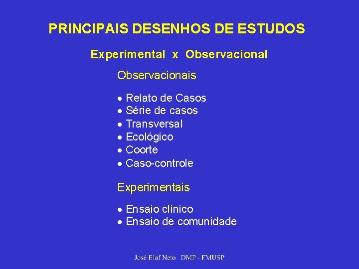 PRINCIPAIS DESENHOS DE ESTUDOS Experimental x Observacional Observacionais Relato de Casos Série de casos