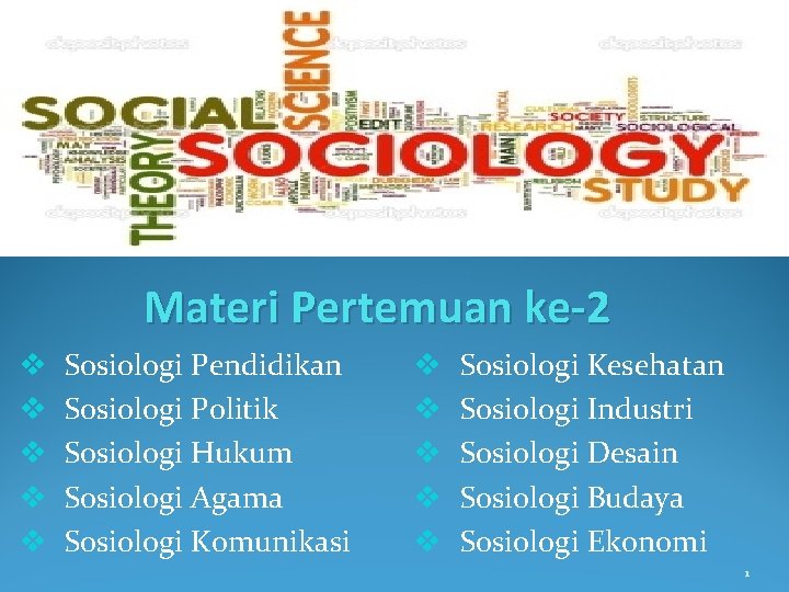 Materi Pertemuan ke-2 v v v Sosiologi Pendidikan Sosiologi Politik Sosiologi Hukum Sosiologi Agama