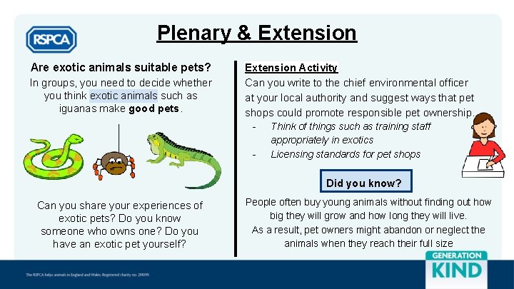 Plenary & Extension Are exotic animals suitable pets? In groups, you need to decide