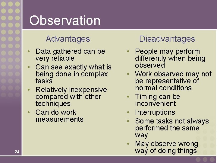 Observation 24 Advantages Disadvantages • Data gathered can be very reliable • Can see