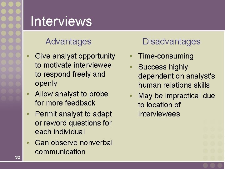 Interviews Advantages 32 • Give analyst opportunity to motivate interviewee to respond freely and