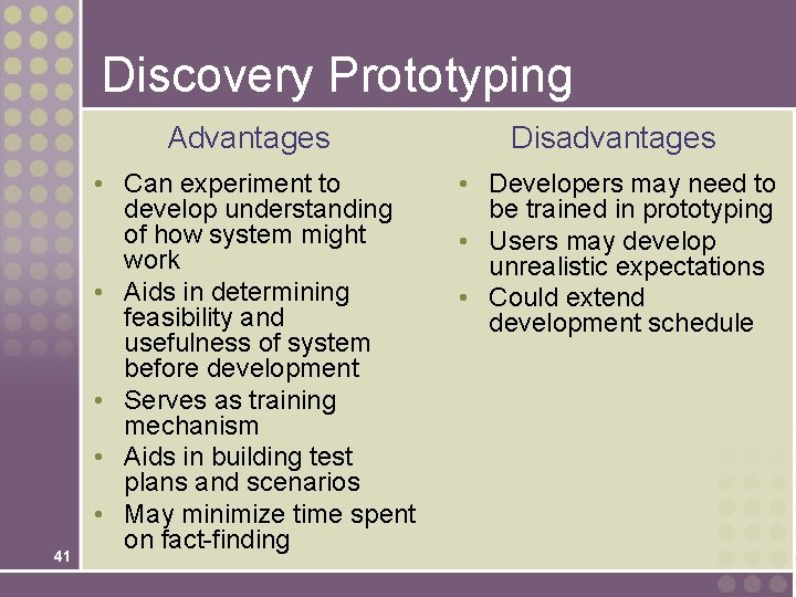 Discovery Prototyping 41 Advantages Disadvantages • Can experiment to develop understanding of how system