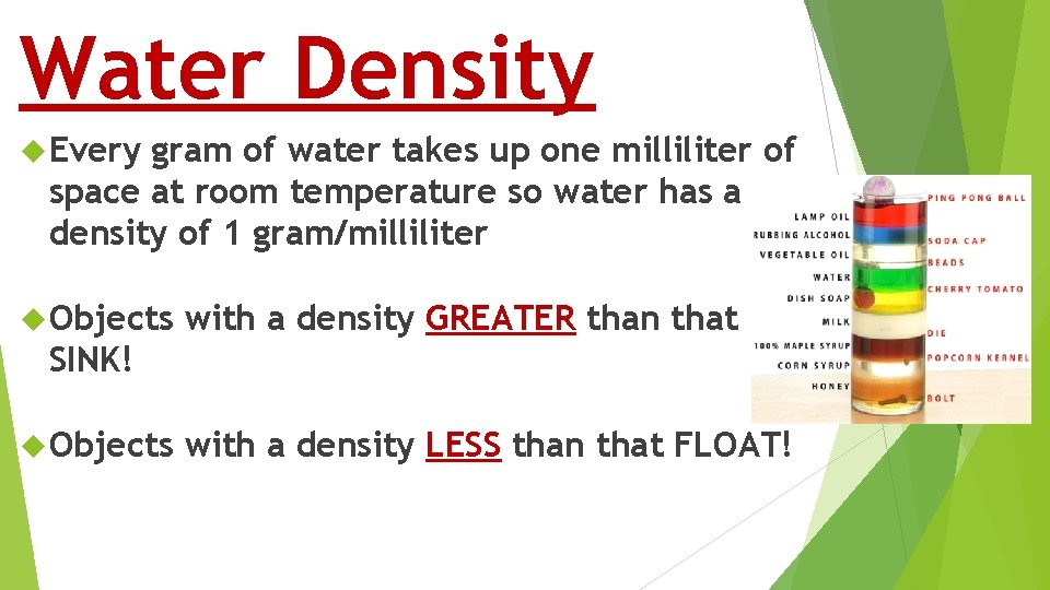 Water Density Every gram of water takes up one milliliter of space at room