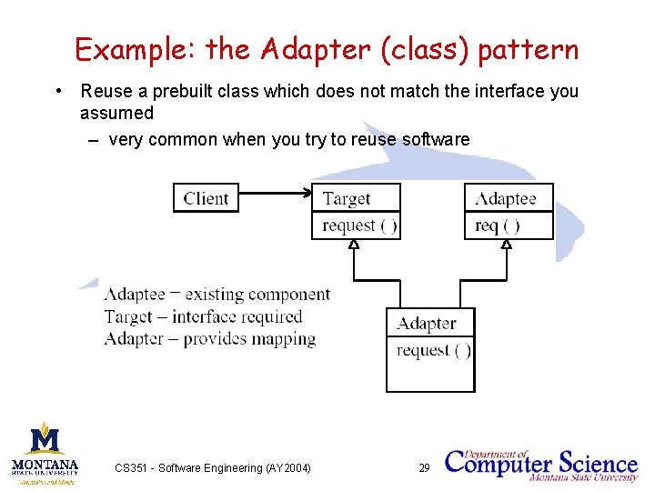 Example: the Adapter (class) pattern • Reuse a prebuilt class which does not match