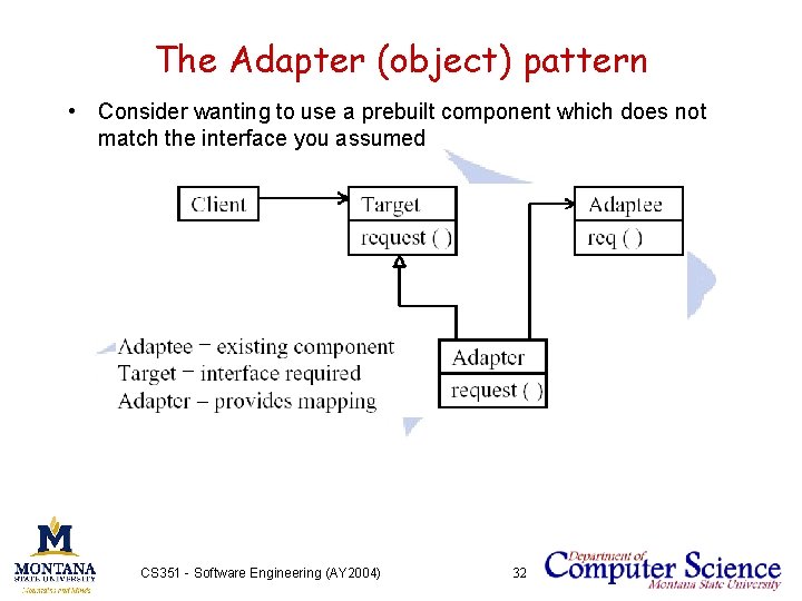 The Adapter (object) pattern • Consider wanting to use a prebuilt component which does