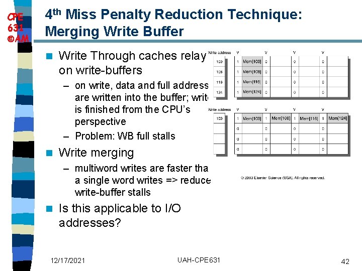 CPE 631 AM 4 th Miss Penalty Reduction Technique: Merging Write Buffer n Write