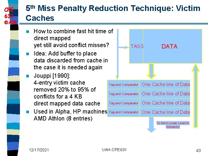 CPE 631 AM 5 th Miss Penalty Reduction Technique: Victim Caches How to combine