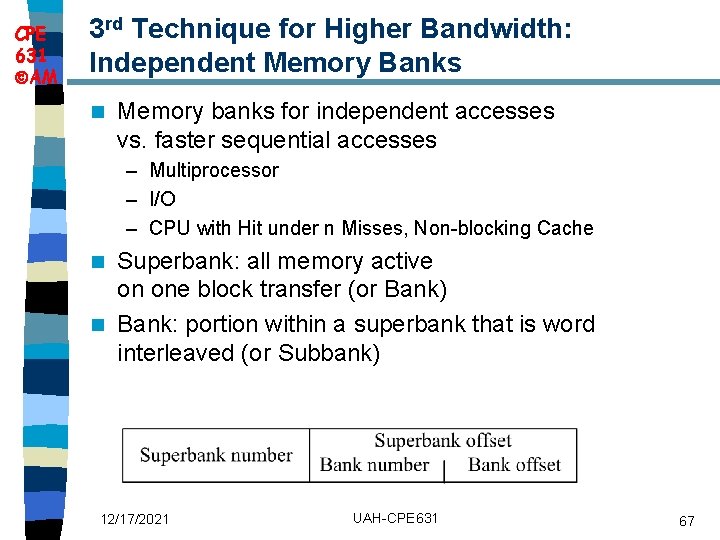 CPE 631 AM 3 rd Technique for Higher Bandwidth: Independent Memory Banks n Memory