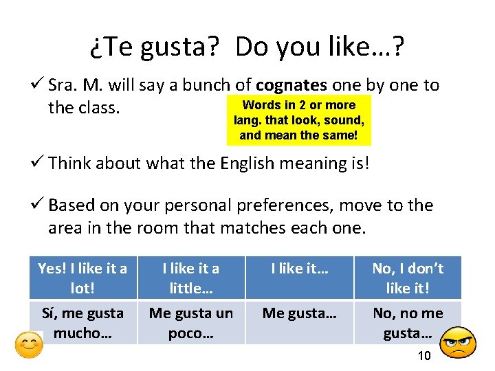 ¿Te gusta? Do you like…? ü Sra. M. will say a bunch of cognates