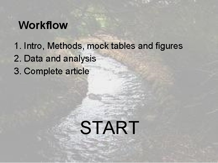 Workflow 1. Intro, Methods, mock tables and figures 2. Data and analysis 3. Complete