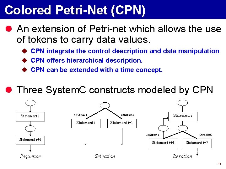 Colored Petri-Net (CPN) l An extension of Petri-net which allows the use of tokens