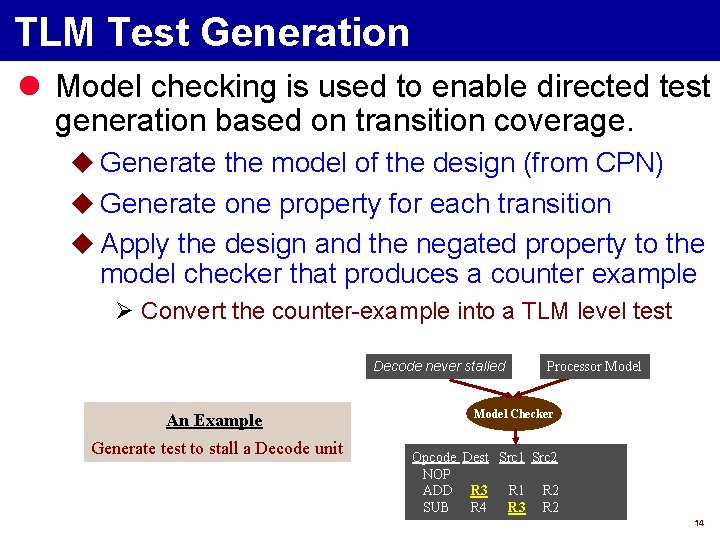 TLM Test Generation l Model checking is used to enable directed test generation based