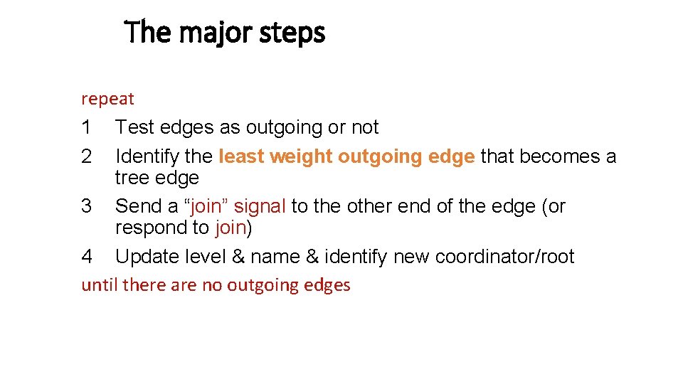 The major steps repeat 1 Test edges as outgoing or not 2 Identify the