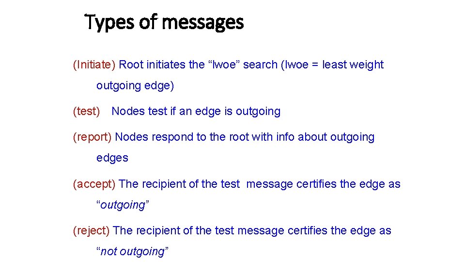 Types of messages (Initiate) Root initiates the “lwoe” search (lwoe = least weight outgoing