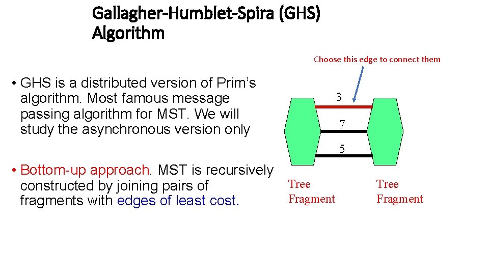 Gallagher-Humblet-Spira (GHS) Algorithm Choose this edge to connect them • GHS is a distributed