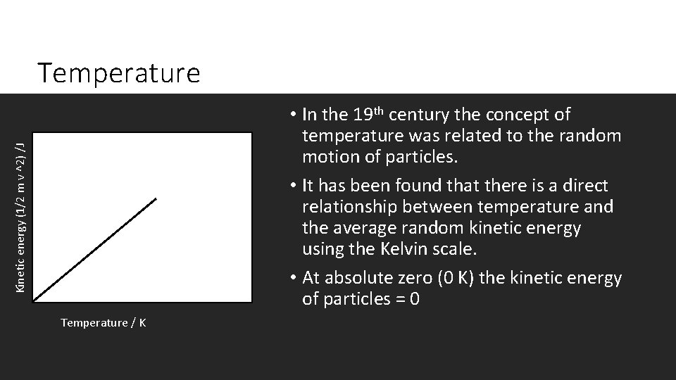 Temperature Kinetic energy (1/2 m v ^2) /J • In the 19 th century