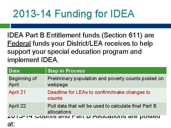 2013 -14 Funding for IDEA Part B Entitlement funds (Section 611) are Federal funds