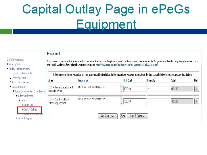 Capital Outlay Page in e. Pe. Gs Equipment 