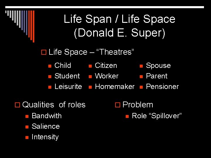 Life Span / Life Space (Donald E. Super) o Life Space – “Theatres” n