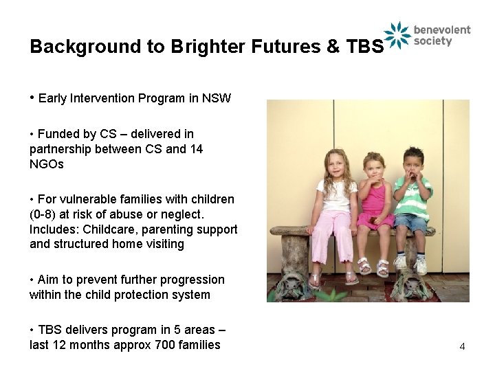 Background to Brighter Futures & TBS • Early Intervention Program in NSW • Funded Background to Brighter Futures & TBS • Early Intervention Program in NSW • Funded