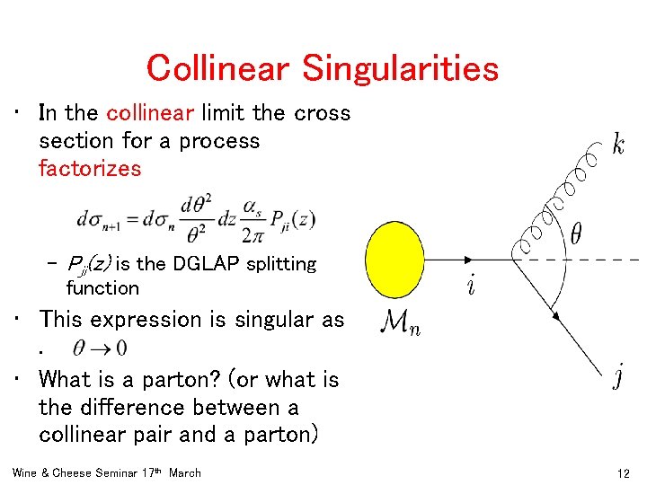 Collinear Singularities • In the collinear limit the cross section for a process factorizes