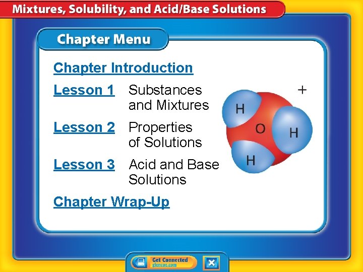 Chapter Introduction Lesson 1 Substances and Mixtures Lesson 2 Properties of Solutions Lesson 3