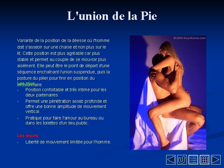 L'union de la Pie Variante de la position de la déesse où l'homme doit