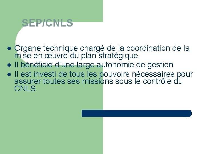 SEP/CNLS Organe technique chargé de la coordination de la mise en œuvre du plan