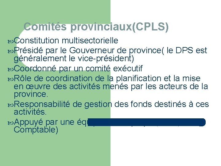 Comités provinciaux(CPLS) Constitution multisectorielle Présidé par le Gouverneur de province( le DPS est généralement