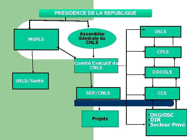 PRESIDENCE DE LA REPUBLIQUE MSPLS Assemblée Générale du CNLS USLS CPLS Comité Exécutif du