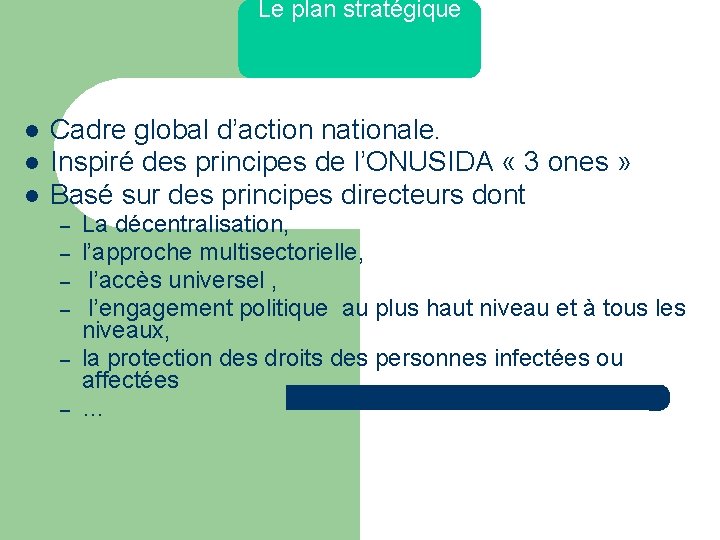 Le plan stratégique Cadre global d’action nationale. Inspiré des principes de l’ONUSIDA « 3