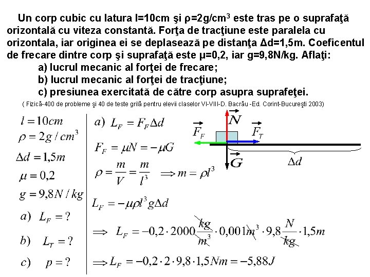 Un corp cubic cu latura l=10 cm şi ρ=2 g/cm 3 este tras pe