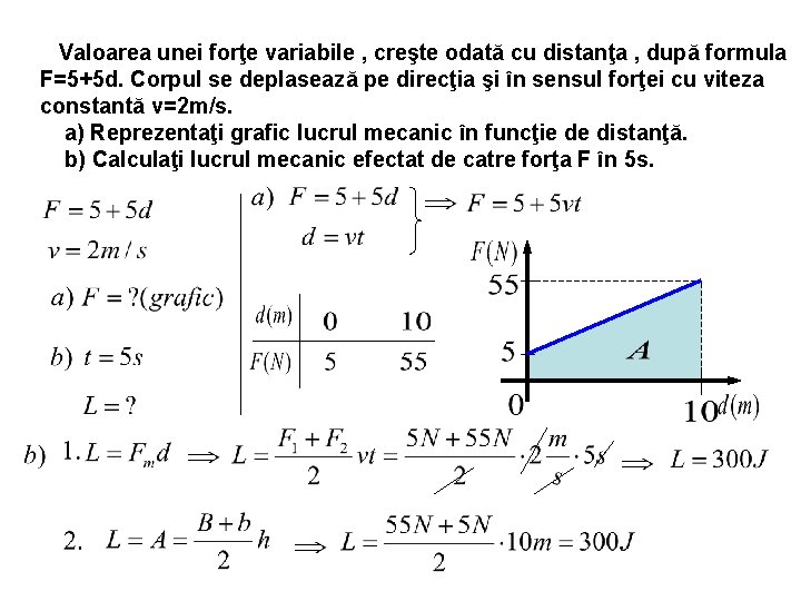 Valoarea unei forţe variabile , creşte odată cu distanţa , după formula F=5+5 d.