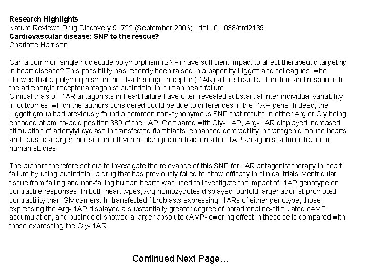 Research Highlights Nature Reviews Drug Discovery 5, 722 (September 2006) | doi: 10. 1038/nrd