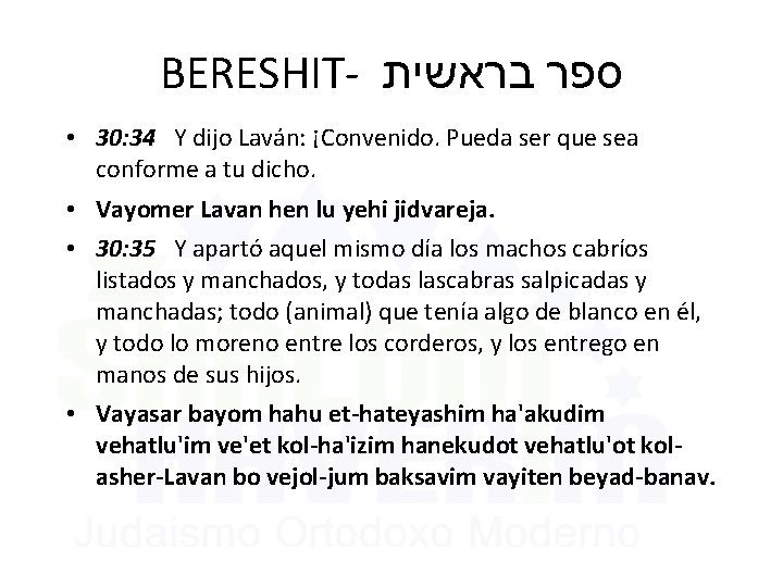 BERESHIT- ספר בראשית • 30: 34 Y dijo Laván: ¡Convenido. Pueda ser que sea
